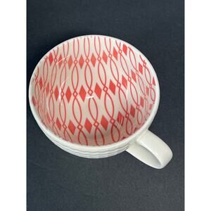 Embossed Mug White Red Geometric Pattern Inside Scalloped Footed Coffee Cup